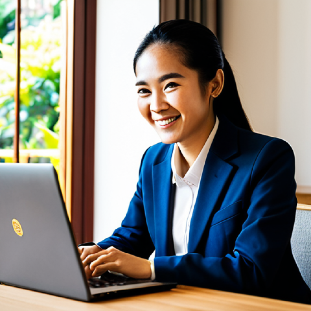 **Prompt:** A Thai businesswoman in a modern, modest business suit, sitting at a teak desk in a Chiang Mai co-working space, laptop open, smiling warmly. Sunlight streams through a window overlooking Doi Suthep. Fully clothed, appropriate attire, safe for work, perfect anatomy, natural proportions, professional photography, high quality, family-friendly.