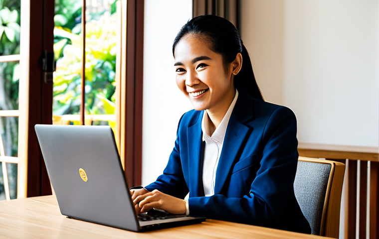 **Prompt:** A Thai businesswoman in a modern, modest business suit, sitting at a teak desk in a Chiang Mai co-working space, laptop open, smiling warmly. Sunlight streams through a window overlooking Doi Suthep.  Fully clothed, appropriate attire, safe for work, perfect anatomy, natural proportions, professional photography, high quality, family-friendly.
