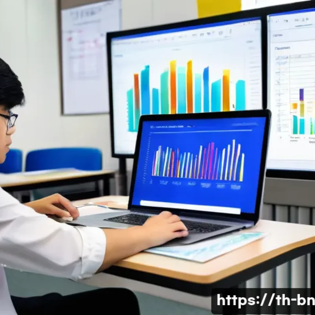 개인 실험 설계에서의 데이터 시각화 - A detailed modern classroom scene in Thailand showing a young adult student analyzing colorful bar c...