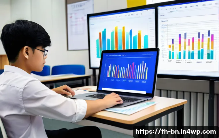개인 실험 설계에서의 데이터 시각화 - A detailed modern classroom scene in Thailand showing a young adult student analyzing colorful bar c...
