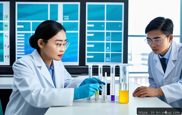 실험 설계의 인과관계 분석 방법 - A professional laboratory scene showing researchers carefully selecting experimental variables, with...