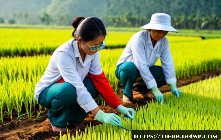 실험 설계에서의 변동성 관리 - Photorealistic Thai research team in a modern agricultural field experiment near Chiang Mai, careful...
